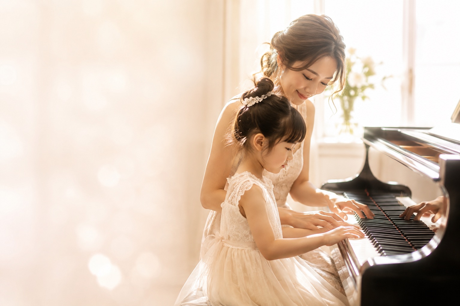 グランドピアノに並んで触れる親子（AI生成イメージ）