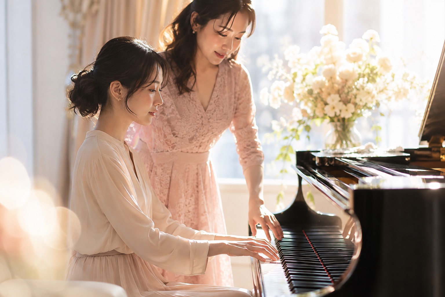 午後の光の中でピアノを習う大人の手元（AI生成イメージ）