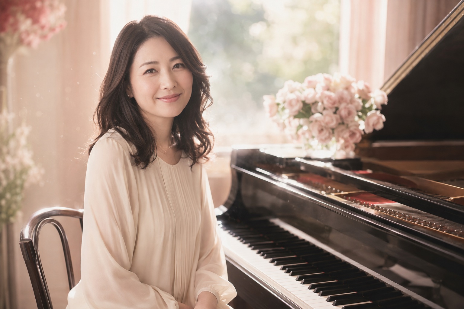 ひびきピアノ教室の架空講師・山田花子（AI生成イメージ）